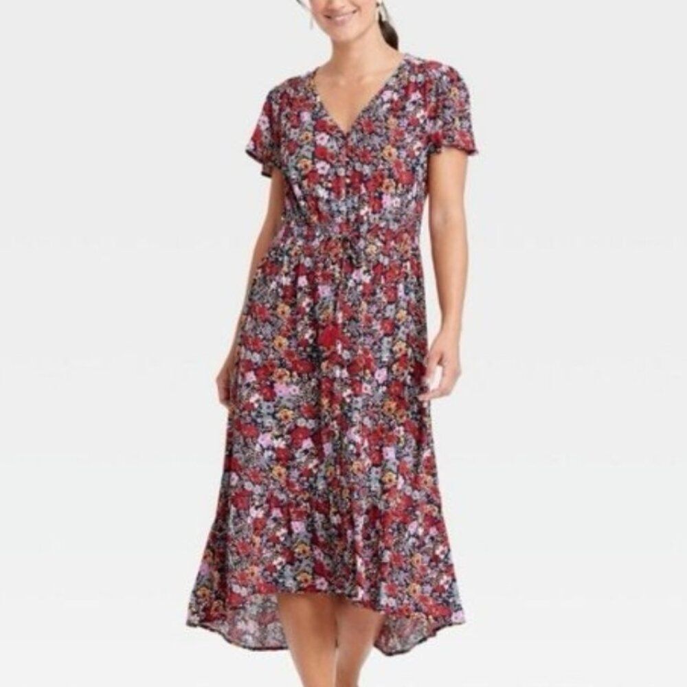 Knox Rose Floral Tassel Boho Midi Dress Size XS Red Multi Crepe Flowy Rayon